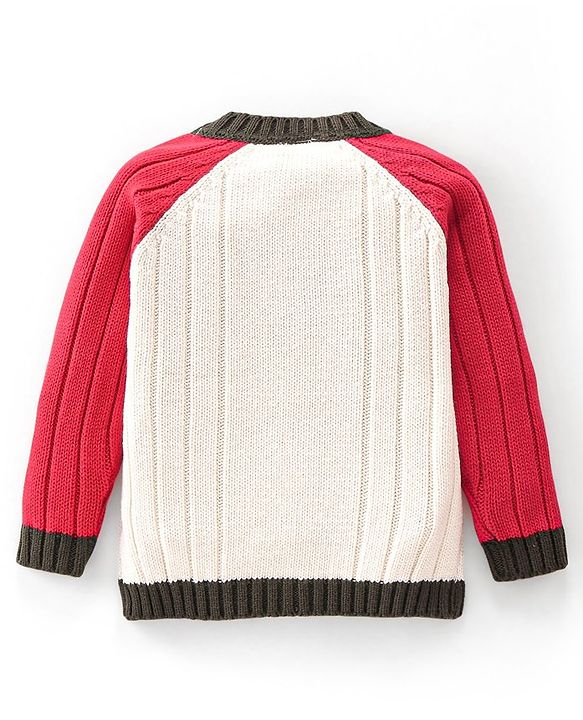 Babyhug Cotton Knitted Full Sleeves Front Zipper Sweater - White & Red