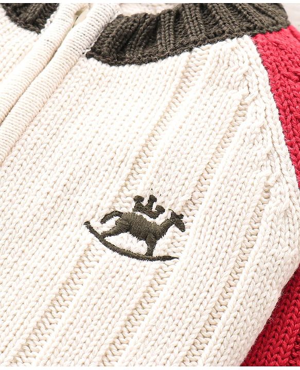 Babyhug Cotton Knitted Full Sleeves Front Zipper Sweater - White & Red