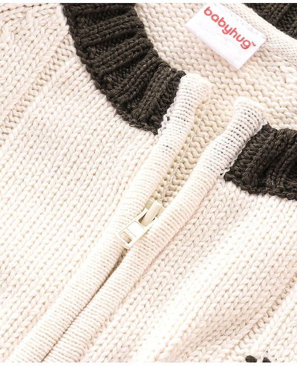 Babyhug Cotton Knitted Full Sleeves Front Zipper Sweater - White & Red