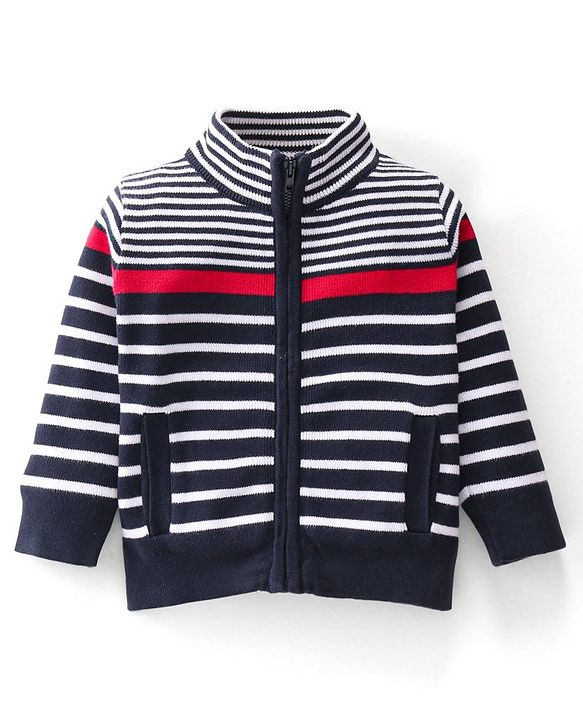 Babyhug Cotton Knitted Full Sleeves Striped Front Zipper Sweater - Multicolour