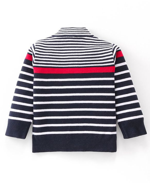 Babyhug Cotton Knitted Full Sleeves Striped Front Zipper Sweater - Multicolour