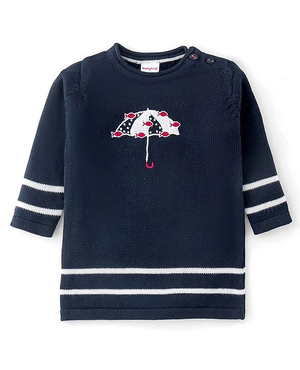 Babyhug Knitted Full Sleeves Woolen Dress with Umbrella Design - Navy Blue