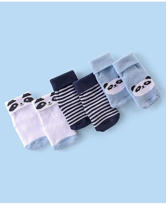 Cute Walk By Babyhug Terry Anti-Bacterial Ankle Length Socks With Panda Print Pack Of 3 - White Blue & Black