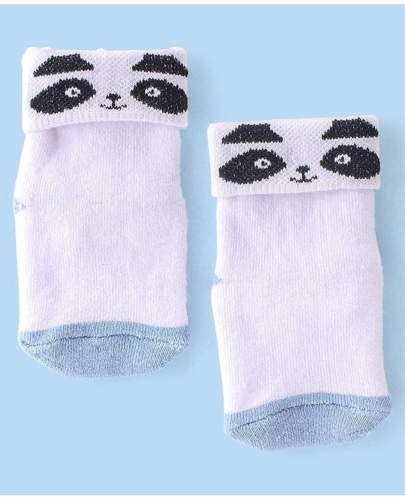 Cute Walk By Babyhug Terry Anti-Bacterial Ankle Length Socks With Panda Print Pack Of 3 - White Blue & Black