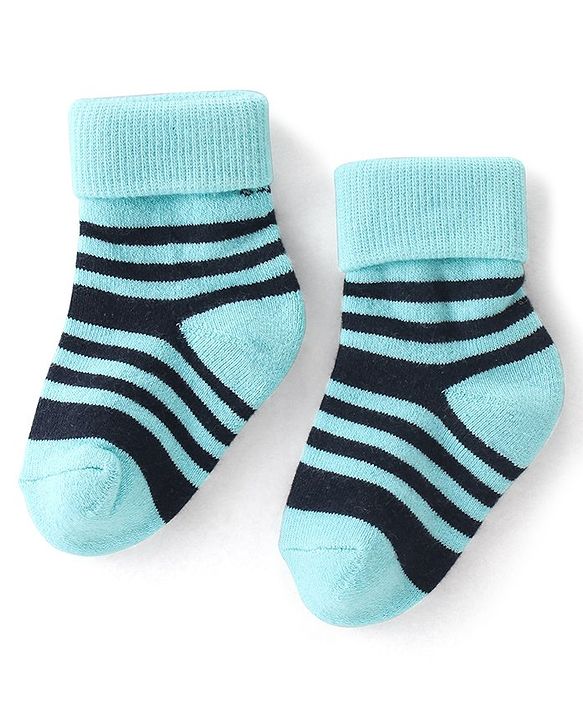 Cute Walk By Babyhug Terry Anti-Bacterial Ankle Length Socks Striped Pack Of 3 - White Green & Blue