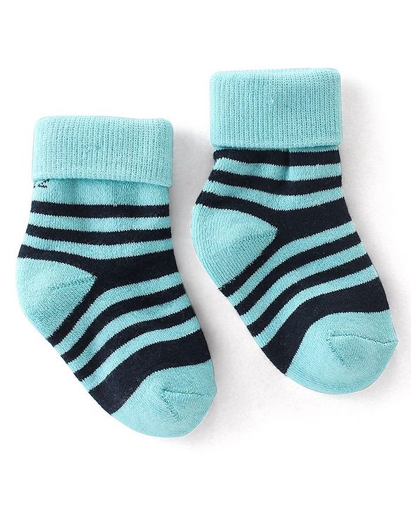 Cute Walk By Babyhug Terry Anti-Bacterial Ankle Length Socks Striped Pack Of 3 - White Green & Blue