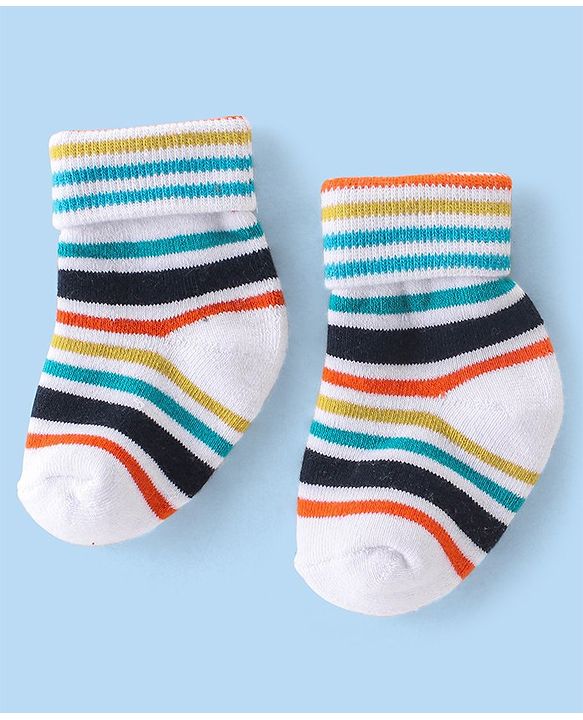 Cute Walk By Babyhug Terry Anti-Bacterial Ankle Length Socks Striped Pack Of 3 - White Green & Blue