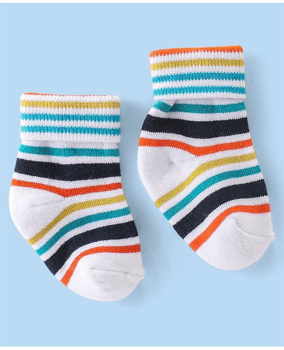 Cute Walk By Babyhug Terry Anti-Bacterial Ankle Length Socks Striped Pack Of 3 - White Green & Blue