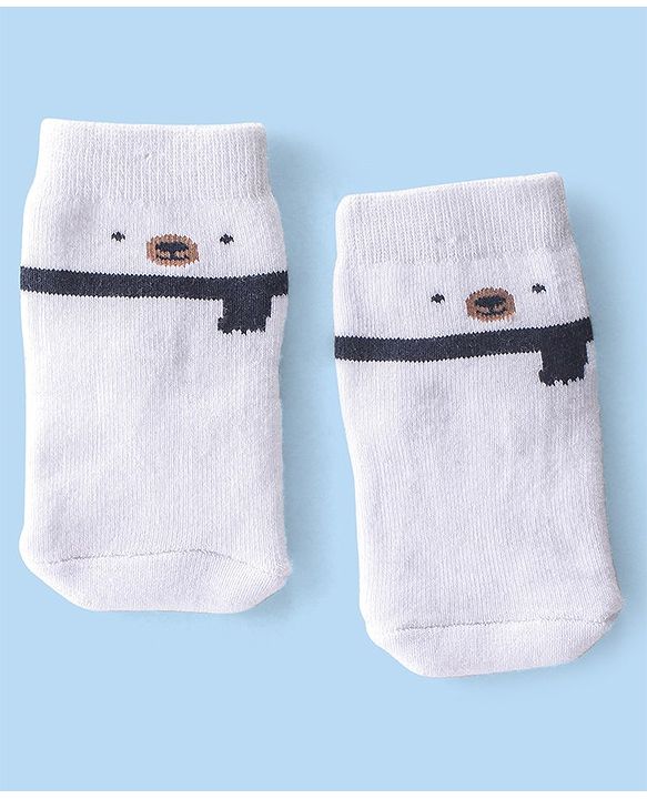 Cute Walk By Babyhug Terry Anti-Bacterial Ankle Length Socks With Teddy Print Pack Of 3 - White & Black