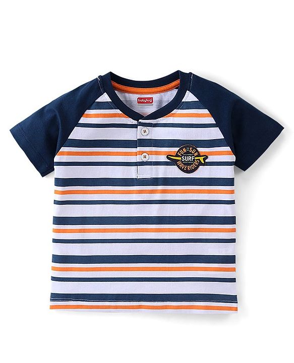 Babyhug 100% Cotton Knit Raglan Sleeves Striped T-Shirt & Shorts Set - Blue & Beige