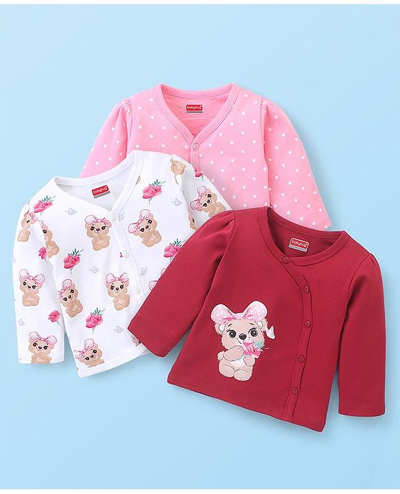 Babyhug 100% Cotton Full Sleeves Vest With Teddy Print Pack Of 3 - White Maroon & Pink