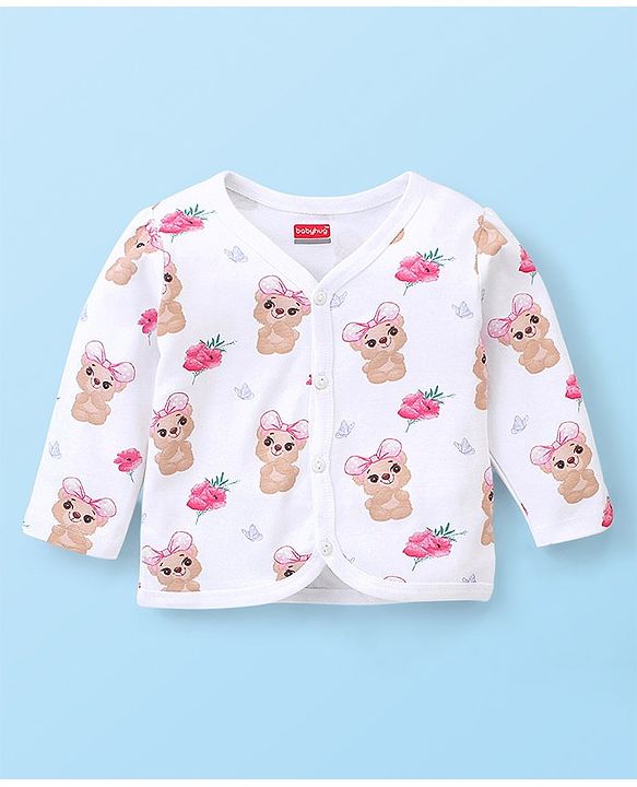 Babyhug 100% Cotton Full Sleeves Vest With Teddy Print Pack Of 3 - White Maroon & Pink