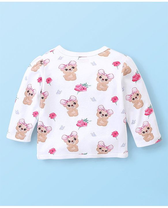 Babyhug 100% Cotton Full Sleeves Vest With Teddy Print Pack Of 3 - White Maroon & Pink