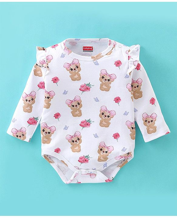 Babyhug 100% Cotton Knit Full Sleeves Onesies with Skirt & Hairband Bear Print  - Pink