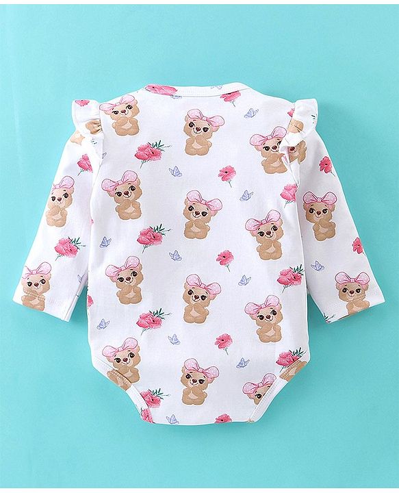 Babyhug 100% Cotton Knit Full Sleeves Onesies with Skirt & Hairband Bear Print  - Pink