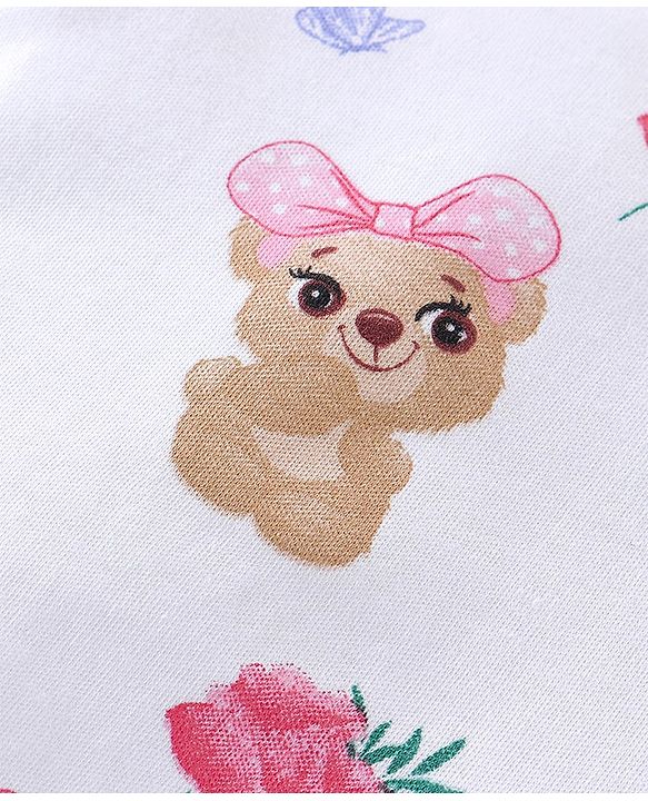 Babyhug 100% Cotton Knit Full Sleeves Onesies with Skirt & Hairband Bear Print  - Pink