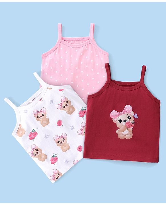 Babyhug 100% Cotton Knit Sleeveless Slips Pack of 3  Bear Print - Multicolour