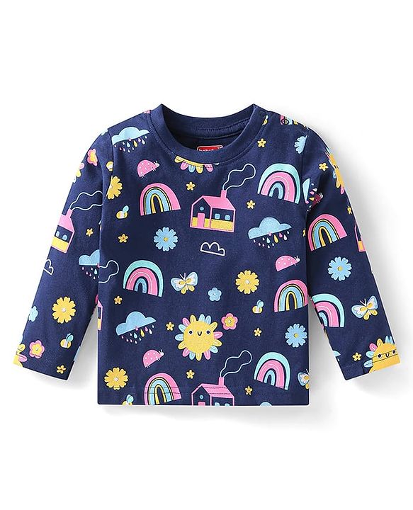 Babyhug Cotton Knit Full Sleeves Night Suit With Rainbow & House Print - Navy Blue
