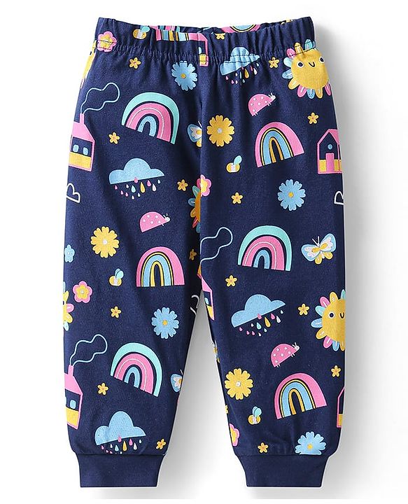 Babyhug Cotton Knit Full Sleeves Night Suit With Rainbow & House Print - Navy Blue