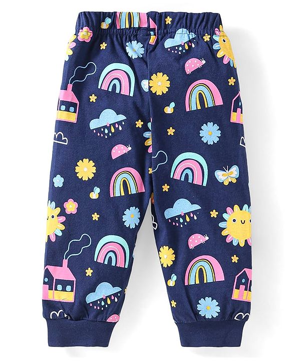 Babyhug Cotton Knit Full Sleeves Night Suit With Rainbow & House Print - Navy Blue
