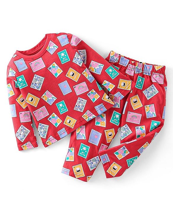 Babyhug Cotton Knit Full Sleeves Night Suit With Post Stamp Print - Red