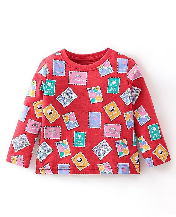 Babyhug Cotton Knit Full Sleeves Night Suit With Post Stamp Print - Red