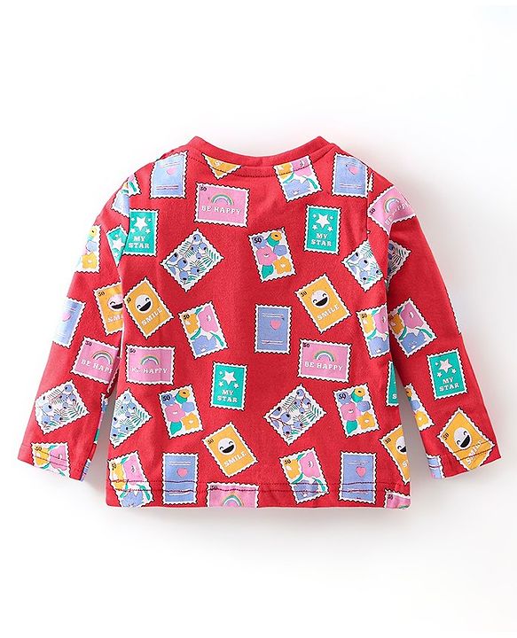 Babyhug Cotton Knit Full Sleeves Night Suit With Post Stamp Print - Red