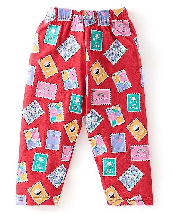 Babyhug Cotton Knit Full Sleeves Night Suit With Post Stamp Print - Red