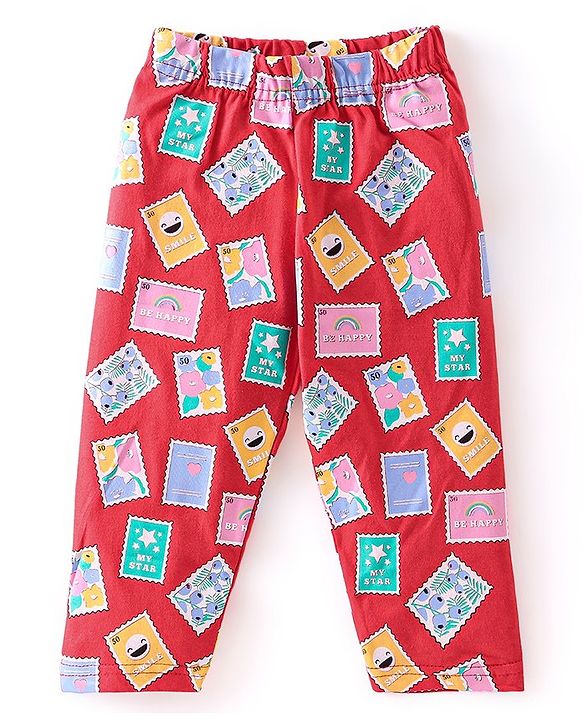 Babyhug Cotton Knit Full Sleeves Night Suit With Post Stamp Print - Red