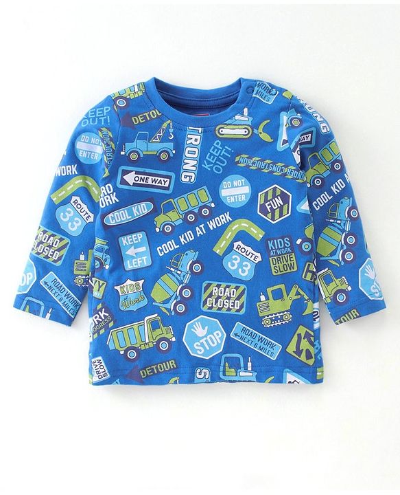 Babyhug Cotton Knit Full Sleeves Trucks Printed Night Suit - Blue
