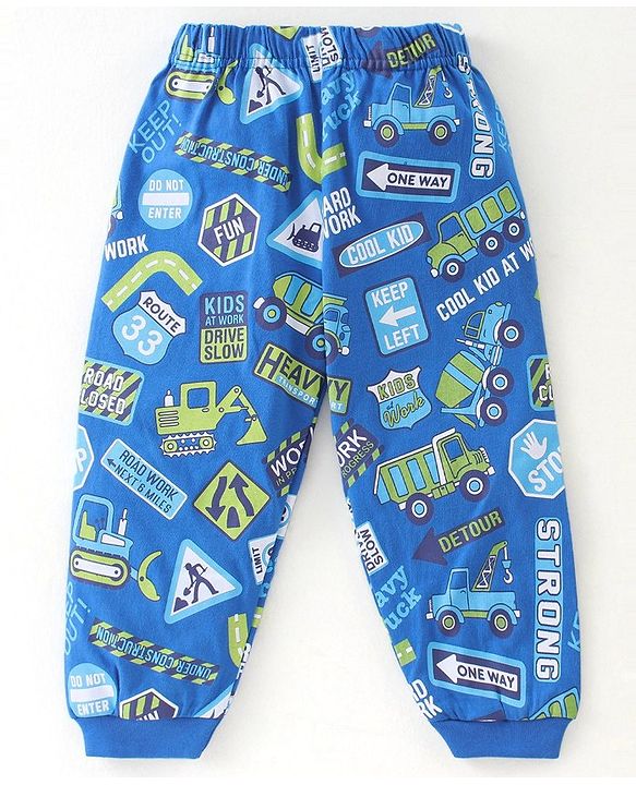 Babyhug Cotton Knit Full Sleeves Trucks Printed Night Suit - Blue