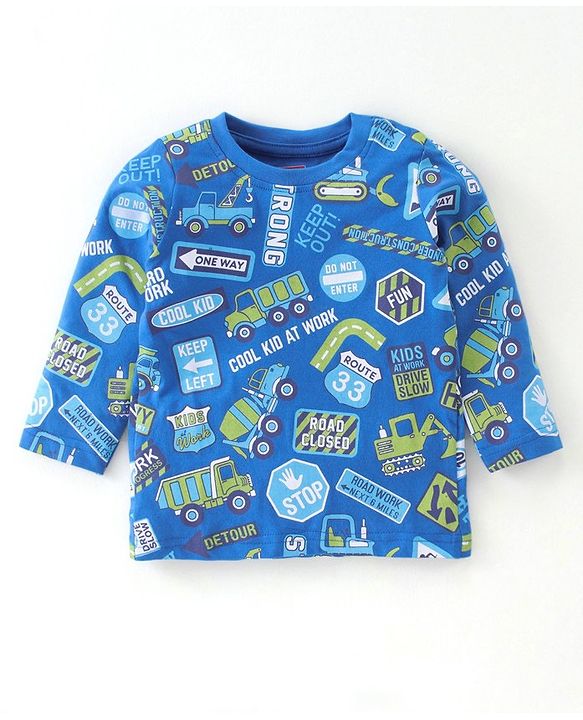 Babyhug Cotton Knit Full Sleeves Trucks Printed Night Suit - Blue