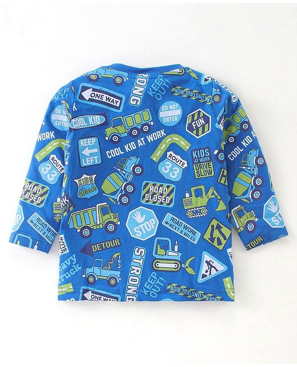 Babyhug Cotton Knit Full Sleeves Trucks Printed Night Suit - Blue