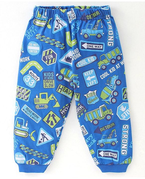 Babyhug Cotton Knit Full Sleeves Trucks Printed Night Suit - Blue