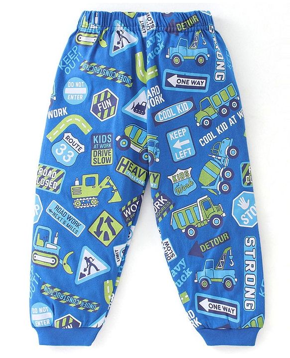 Babyhug Cotton Knit Full Sleeves Trucks Printed Night Suit - Blue