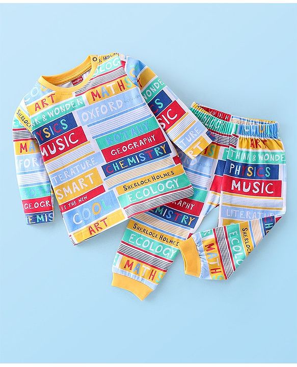Babyhug Cotton Knit Full Sleeves Night Suit With Text Print - Multicolour