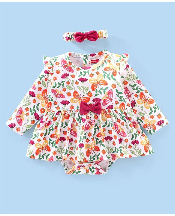 Babyhug 100% Cotton Full Sleeves Frock Style Onesie with Hairband Butterflies Print - Multicolour
