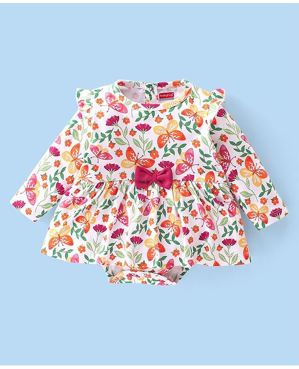 Babyhug 100% Cotton Full Sleeves Frock Style Onesie with Hairband Butterflies Print - Multicolour