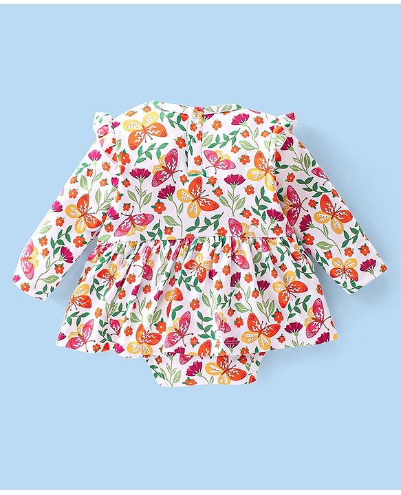 Babyhug 100% Cotton Full Sleeves Frock Style Onesie with Hairband Butterflies Print - Multicolour