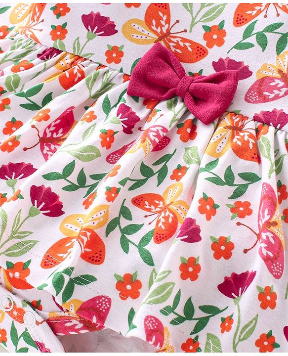 Babyhug 100% Cotton Full Sleeves Frock Style Onesie with Hairband Butterflies Print - Multicolour