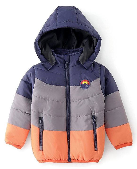Babyhug Woven Full Sleeves Hooded Jacket With Solid Colour - Navy Blue & Orange