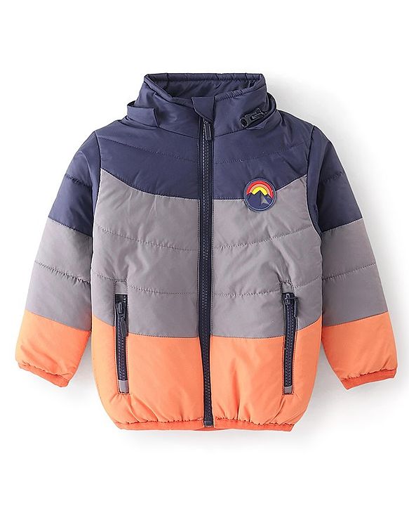 Babyhug Woven Full Sleeves Hooded Jacket With Solid Colour - Navy Blue & Orange
