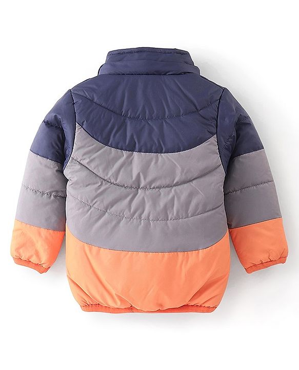 Babyhug Woven Full Sleeves Hooded Jacket With Solid Colour - Navy Blue & Orange