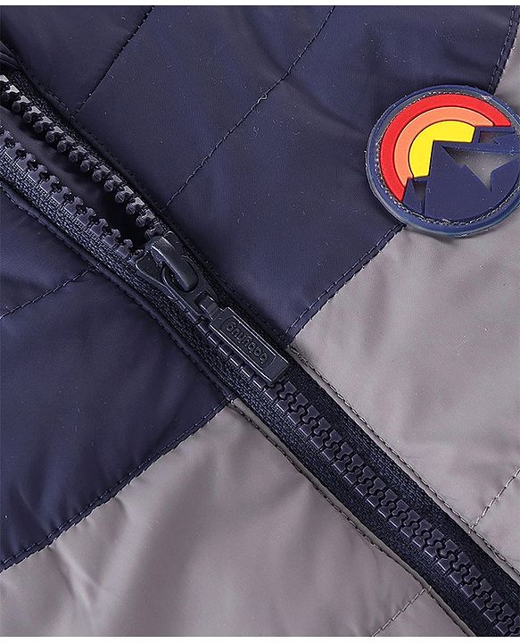 Babyhug Woven Full Sleeves Hooded Jacket With Solid Colour - Navy Blue & Orange