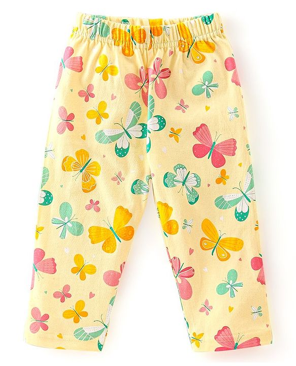 Babyhug Cotton Knit Full Sleeves Night Suit Butterfly Print - Yellow