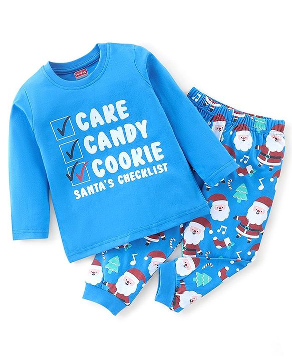 Babyhug Cotton Knit Full Sleeves Night Suit Text and Santa Claus Print - Blue