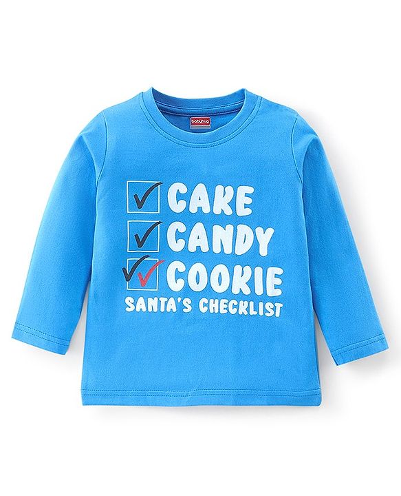 Babyhug Cotton Knit Full Sleeves Night Suit Text and Santa Claus Print - Blue