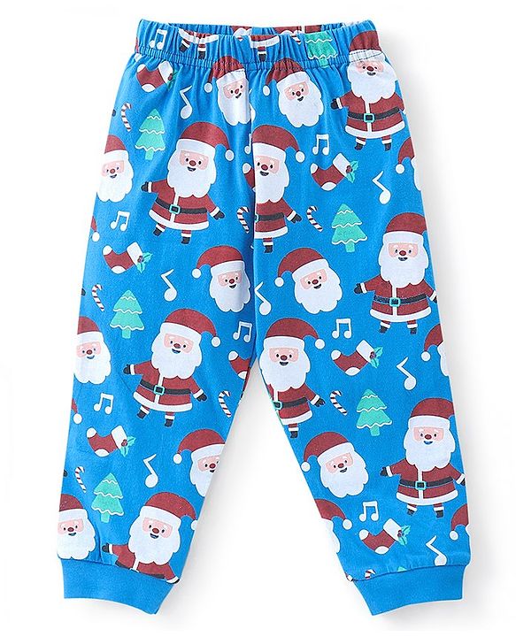 Babyhug Cotton Knit Full Sleeves Night Suit Text and Santa Claus Print - Blue