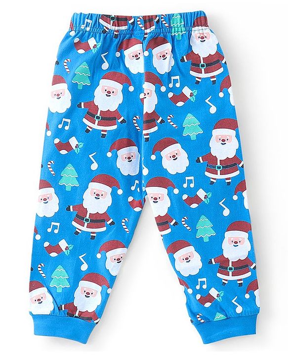 Babyhug Cotton Knit Full Sleeves Night Suit Text and Santa Claus Print - Blue