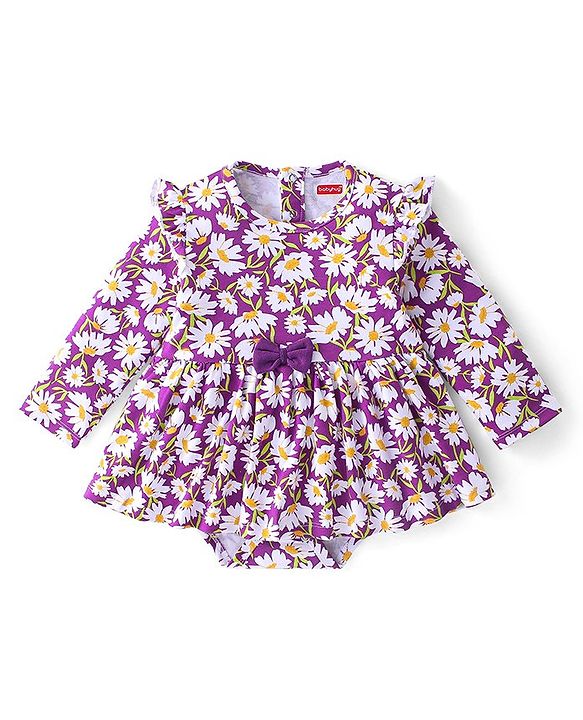 Babyhug 100% Cotton Knit Full Sleeves Frock Style Onesie with Headband Floral Print - Purple